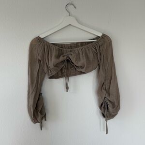Tan 3/4 Sleeve Linen Bralette Blouse